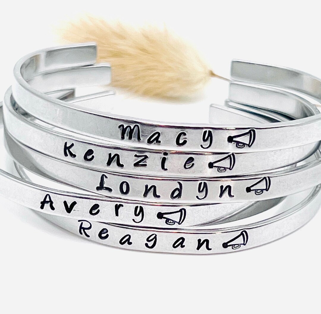 Cheerleader Bracelet Personalized Gift Hand Stamped Bracelet Name Bracelet Skinny Cuff Bracelet Cheer Gifts Megaphone Jewelry MakerPlace